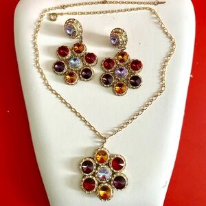 Colourful Rhinestone Pendant with chain and matching earrings